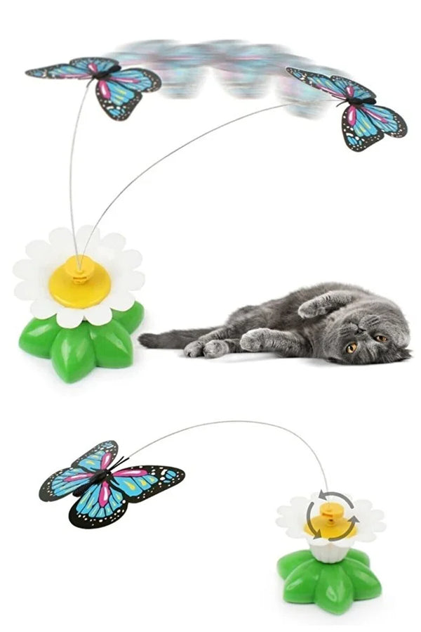 Juguete interactivo mariposa giratoria para gatos — movimiento automático con pila
