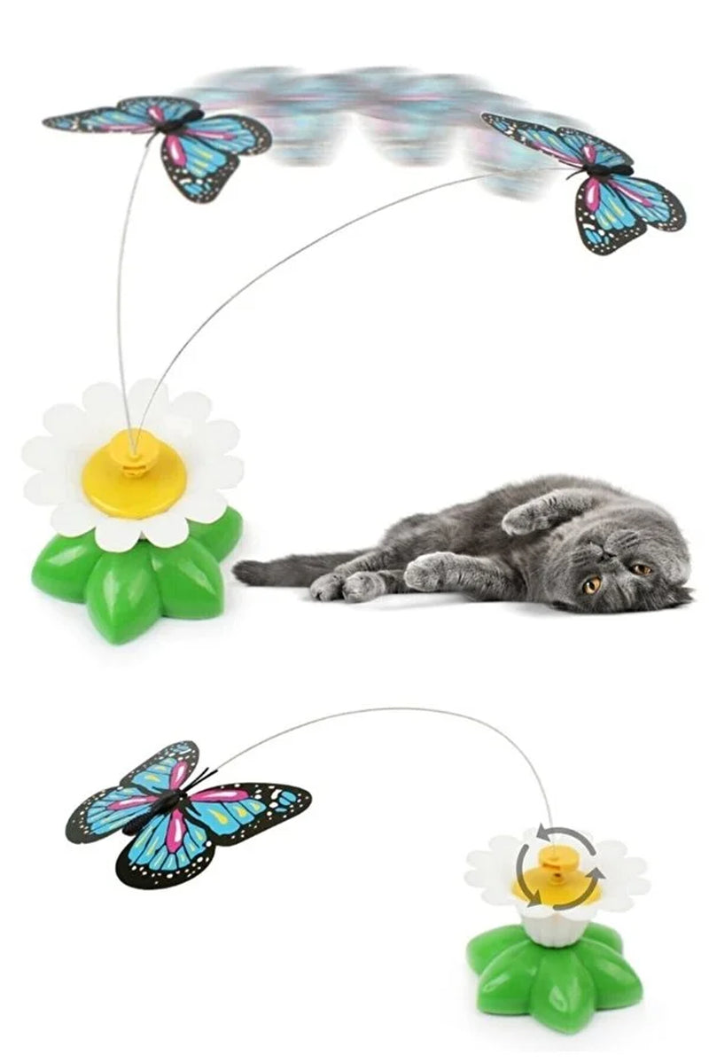 Juguete interactivo mariposa giratoria para gatos — movimiento automático con pila